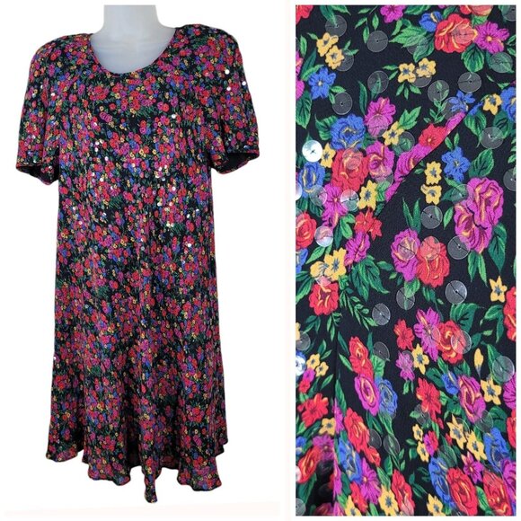 Liz Claiborne Dresses & Skirts - Vintage 90s Sequin Shirt Dress Size Medium Large Floral Grunge Alt Pink Red Rose